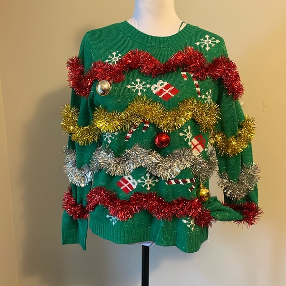Joyland Sweaters - Joyland (L) Christmas Sweater Tinsel and balls! Sequin candy-cane presents. NSOW